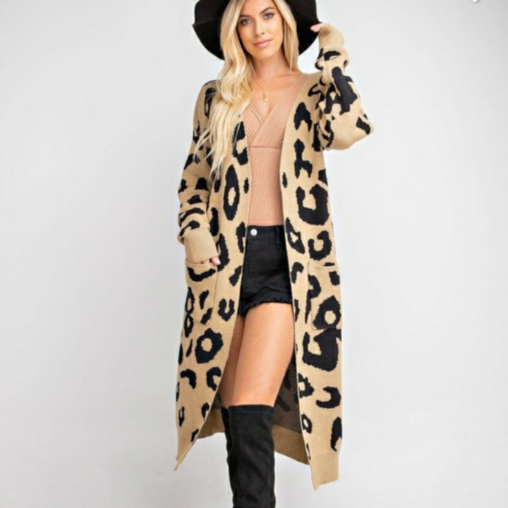 Leopard Print Sweater Cardigan Duster w/ Pockets - Picture 1 of 5
